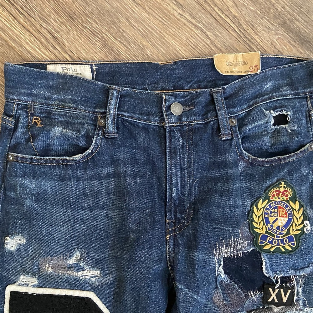 Polo Ralph Lauren Dungarees Patchwork Blue Distressed Denim Pants Wmns Sz 25 NEW - Picture 4 of 10